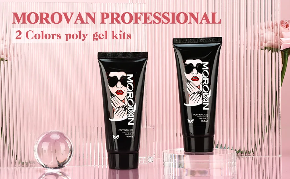 Morovan Poly Extension Gel Nail - 2OZ Poly Nail Gel for Art Nail Poly Gel Set Contain Clear Gel Poly Nail and White Poly Nail Set Professional Poly Gel Nail Colors 60ML Extension Poly Gel for Beginners Builder Nail Gel DIY Salon at Home - POLY GEL
