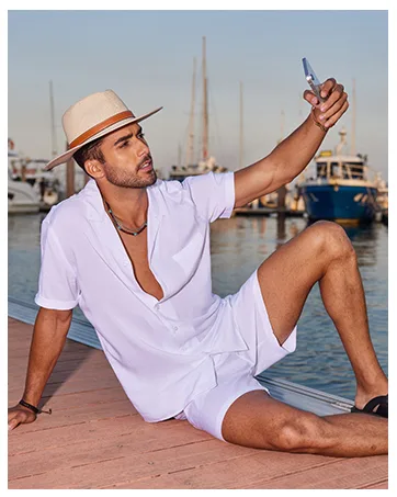 COOFANDY Men's 2 Pieces Shirt Set Short Sleeve Button Down Casual Hippie Holiday Beach T-Shirts Shorts Outfits White Medium - mens beach set