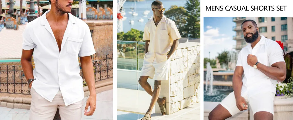 COOFANDY Men's 2 Pieces Shirt Set Short Sleeve Button Down Casual Hippie Holiday Beach T-Shirts Shorts Outfits White Medium - mens outfits 2 piece