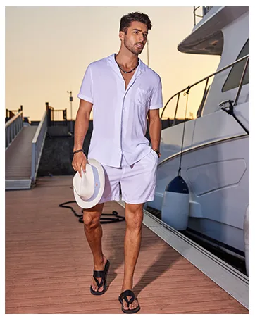 COOFANDY Men's 2 Pieces Shirt Set Short Sleeve Button Down Casual Hippie Holiday Beach T-Shirts Shorts Outfits White Medium - mens shirt set