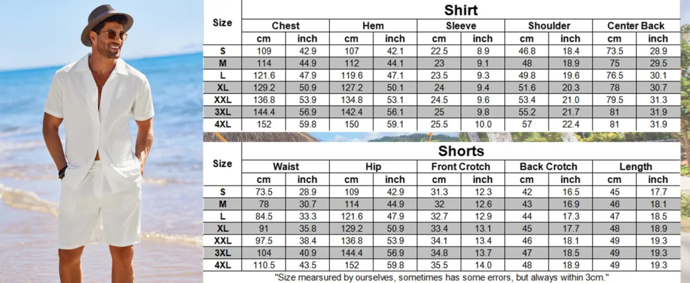 COOFANDY Men's 2 Pieces Shirt Set Short Sleeve Button Down Casual Hippie Holiday Beach T-Shirts Shorts Outfits White Medium - mens short set