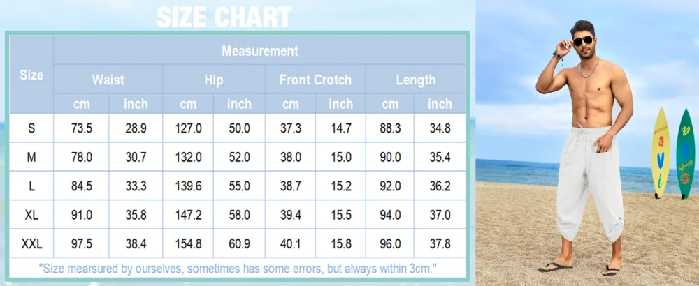COOFANDY Men's Linen Harem Capri Pants Elastic Waist Casual Baggy Cotton Beach Yoga Boho Pants with Pockets Blue Large - harem pants capri