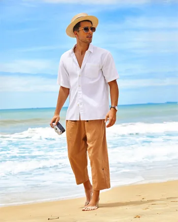 COOFANDY Men's Linen Harem Capri Pants Elastic Waist Casual Baggy Cotton Beach Yoga Boho Pants with Pockets Blue Large - product information 3