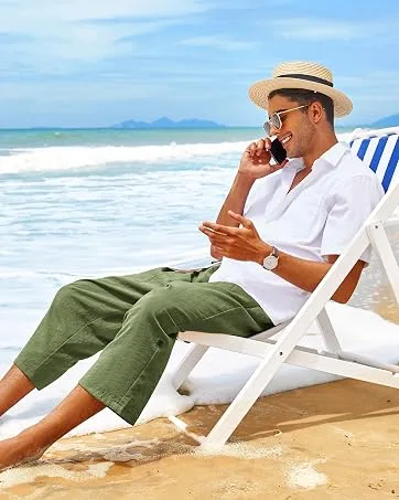 COOFANDY Men's Linen Harem Capri Pants Elastic Waist Casual Baggy Cotton Beach Yoga Boho Pants with Pockets Blue Large - mens beach harem pants