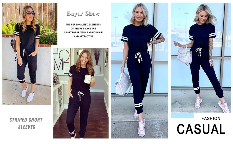 PRETTYGARDEN Womens Two Piece Outfits Striped Short Sleeve Pullover and Long Pants Tracksuit Pajama Lounge Jogger Sets Black X-Large - PRETTYGARDEN