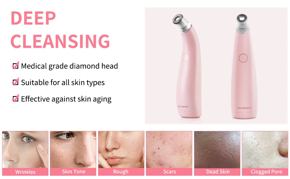 NEWDERMO 2-in-1 Microdermabrasion Machine for Facial, Diamond Microdermabrasion Device USB Rechargeable - Advanced Home Facial Treatment Machine (Pink) - Deep Cleansing