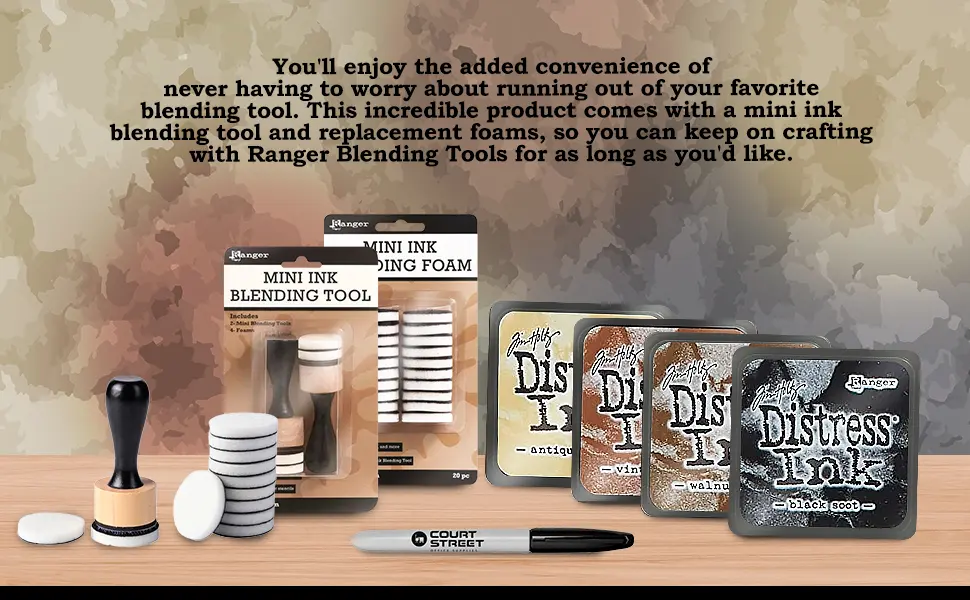 Tim Holtz Ranger Distress Ink Mini Pads Set Multi-Color with 1 Mini Ink Blending Tool Set + 20 pcs. Replacement Foams + Black Permanent Marker  Arts, Crafts, Scrapbooking Supplies Kit 3 - Tim Holtz Distress Mini Ink Pad with Ink Blending Tool and Replacement Foam