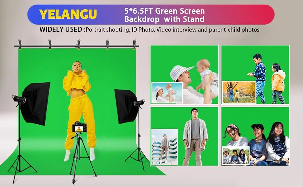 Green Screen Backdrop with Stand kit,YELANGU 6.5X5ft Portable Photographic Studio Photo Background for Streaming, ID Photos, Video conferences and interviews - Green Screen Backdrop with Stand Kit