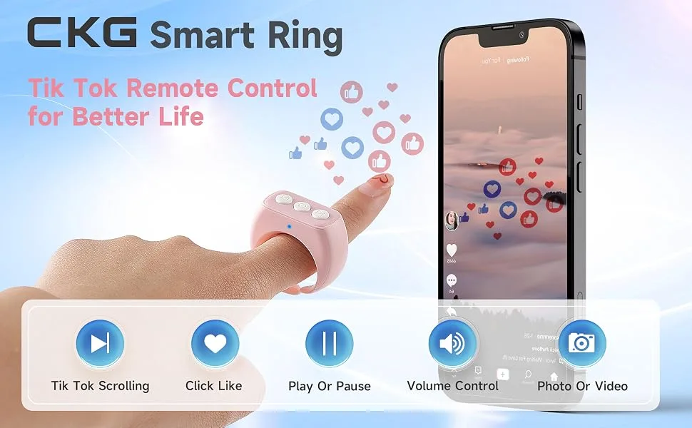 CKG Tiktok Bluetooth Remote Control, Smart Finger Remote for iPhone2022 Design, Ultra-Long Standby and Quick Charging, More Stylish TIK Tok Remote Compatible with iOS and Android - Snow White - Tiktok