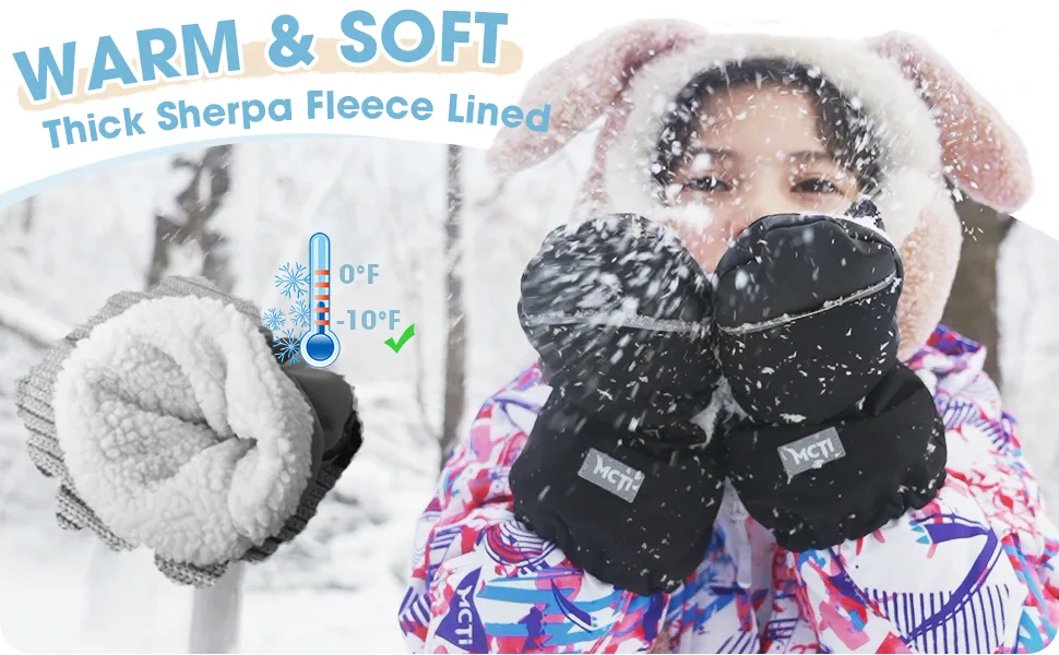 MCTi Kids Mittens Waterproof Winter Ski Warm Sherpa Lined Long Cuff with String Red XXX-Small(Fits 2-4 years) - SP-HCMCTIG-A22