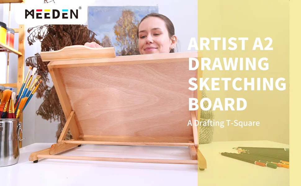 MEEDEN Large Studio Artist Drawing & Sketching Board, Adjustable Beechwood A2 Sketchboard for Students, Beginners & Artist- Wood Desktop Easel Board with T-Square, 25-5/8" X 19" A2 Drawing Board - Drawing Board