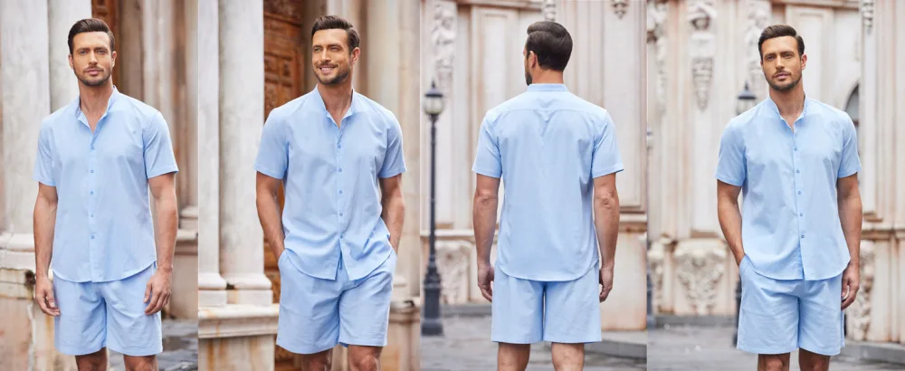 COOFANDY Men's 2 Piece Linen Set Casual Band Collar Shirt and Shorts Beach Sets XX-Large Wine Red - COOFANDY Men
