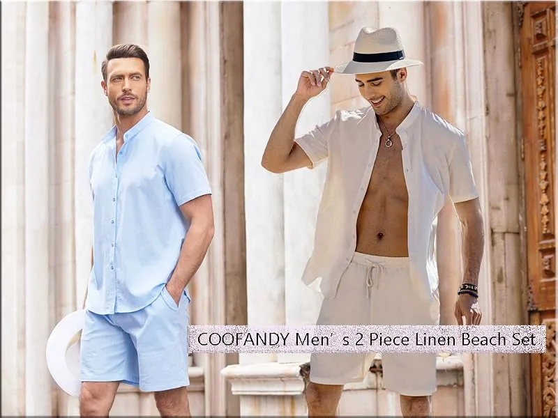 COOFANDY Men's 2 Piece Linen Set Casual Band Collar Shirt and Shorts Beach Sets XX-Large Wine Red - product information 2