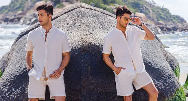 COOFANDY Men's 2 Piece Linen Set Casual Band Collar Shirt and Shorts Beach Sets XX-Large Wine Red - product information 4