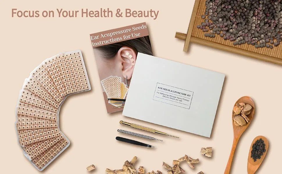 Multi-Condition Ear Seeds Acupuncture Kit, with Acupuncture Ear Press Seeds 1200Pcs, Acupuncture Pen, Acupressure Ear Chart, Tweezers - ear seeds 1