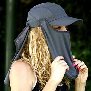 USHAKE Sun Cap Fishing Hat Baseball Cap with Face Neck Cover Flap Dark Grey - FACE MASK HAT