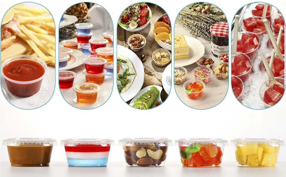 260 Sets - 2 oz  Jello Shot Cups, Small Plastic Containers with Lids, Airtight and Stackable Portion Cups, Salad Dressing Container, Dipping Sauce Cups, Condiment Cups for Lunch, Party, Trips 2oz - 260 - sauce cups