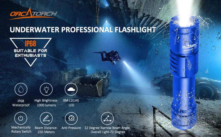 ORCATORCH D520 Scuba Dive Light 1000 Lumens Waterproof Diving Torch Submarine Diving Lights Underwater Diving Flashlight (Blue) - dive flood light