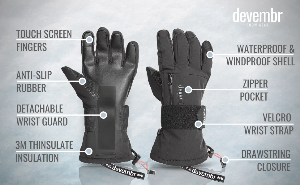 devembr Ski Gloves Waterproof, Warm Snowboard Gloves with Wrist Guard, XS/S/M/L Black Medium - feature