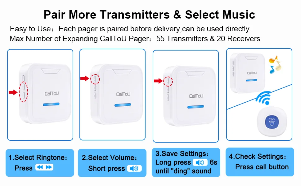 CallToU Caregiver Pager Wireless Call Button System Nurse Calling Alert for Elderly Seniors Patient 2 Plug-in Receivers 2 SOS Waterproof Transmitters/Buttons CC05 2-2 - emergency call button elderly fall alarm adults help button buzzer senior alert device