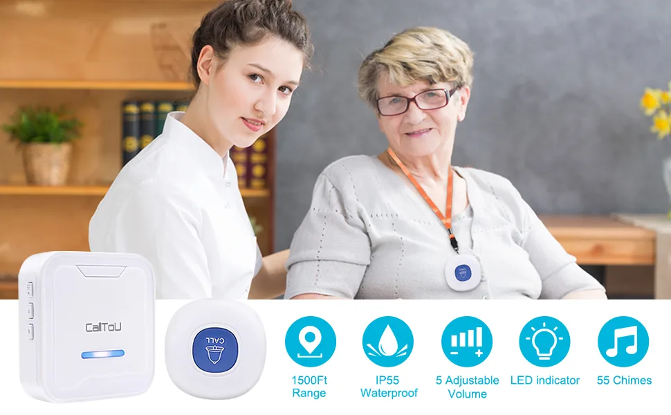 CallToU Caregiver Pager Wireless Call Button System Nurse Calling Alert for Elderly Seniors Patient 2 Plug-in Receivers 2 SOS Waterproof Transmitters/Buttons CC05 2-2 - pager call button wireless caregiver pager patient call system nurse buttons beepers panic button