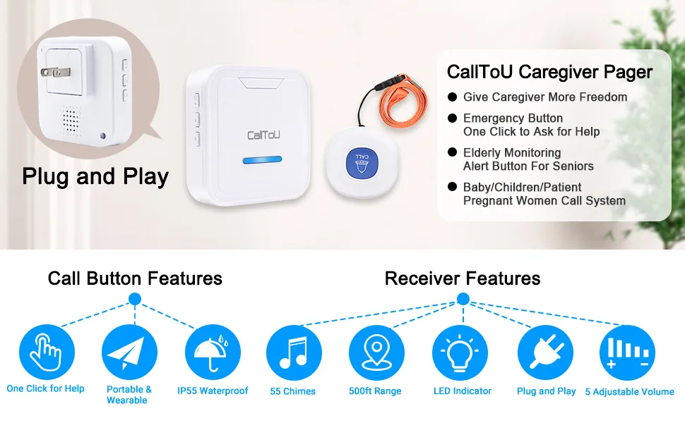 CallToU Caregiver Pager Wireless Call Button System Nurse Calling Alert for Elderly Seniors Patient 2 Plug-in Receivers 2 SOS Waterproof Transmitters/Buttons CC05 2-2 - smart caregiver call buttons sos wireless elderly pager bathroom buzzer bed alarms