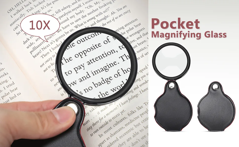 10X Small Magnifying Glass, TEOYALL 2 PCS Mini Pocket Magnifier Folding Magnify Glass with Rotating Protective Holster - pocket magnifying glass