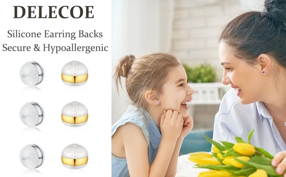 DELECOE 12pcs Soft Silicone Earring Backs for Studs Silver&Gold Belt Rubber Earring Backs Replacements Hypoallergenic Safety Plastic Earring Back for Studs Earring Hoops Fish Hook Silver+Gold - silicone earring backs