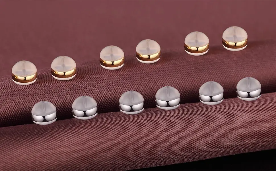 DELECOE 12pcs Soft Silicone Earring Backs for Studs Silver&Gold Belt Rubber Earring Backs Replacements Hypoallergenic Safety Plastic Earring Back for Studs Earring Hoops Fish Hook Silver+Gold - silicone earring backs