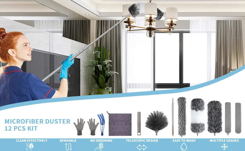 Microfiber Feather Duster, 12PCS Reusable Bendable Dusters, Ceiling Fan Duster with Extension Pole 30 to 100 inches, Washable Dusters for Cleaning Ceiling Fan, High Ceiling, Blinds, Furniture & Cars - duster