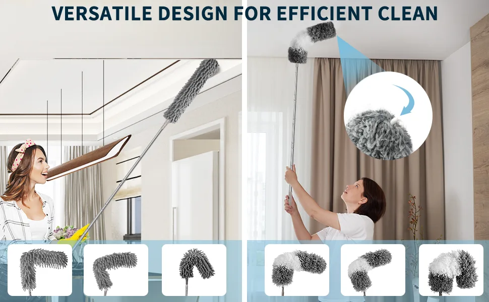 Microfiber Feather Duster, 12PCS Reusable Bendable Dusters, Ceiling Fan Duster with Extension Pole 30 to 100 inches, Washable Dusters for Cleaning Ceiling Fan, High Ceiling, Blinds, Furniture & Cars - duster