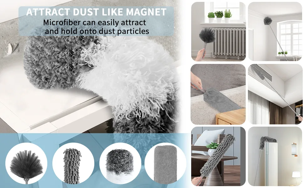 Microfiber Feather Duster, 12PCS Reusable Bendable Dusters, Ceiling Fan Duster with Extension Pole 30 to 100 inches, Washable Dusters for Cleaning Ceiling Fan, High Ceiling, Blinds, Furniture & Cars - product information 2
