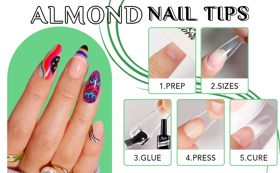 Almond Nail Tips Medium, Bettycora Soft Gel Nail Tips 120Pcs Pre-Shape False Nails Full Cover Clear for Acrylic Nail Extensions, 12 Sizes A1-Medium Almond 120Pcs - nail tips for acrylic nails professional