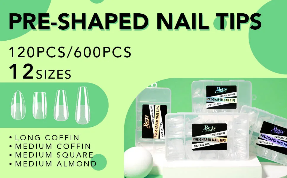 Almond Nail Tips Medium, Bettycora Soft Gel Nail Tips 120Pcs Pre-Shape False Nails Full Cover Clear for Acrylic Nail Extensions, 12 Sizes A1-Medium Almond 120Pcs - nail tips full cover