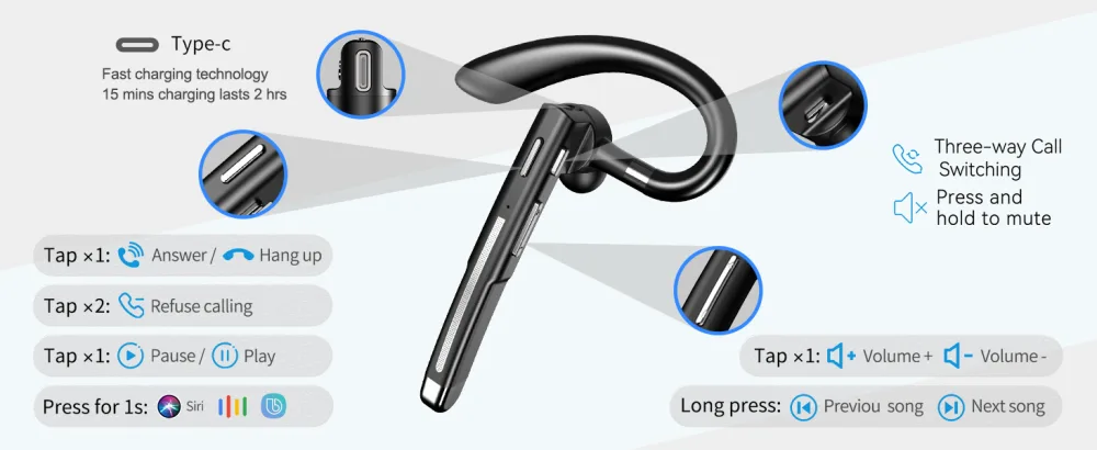 EUQQ Bluetooth Earpiece for Cellphone, Bluetooth V5.1 Headset Wireless Headphone with Noise Canceling Microphone for Office Driving,Hands-Free Earphones Compatible with Android/iOS - product information 2