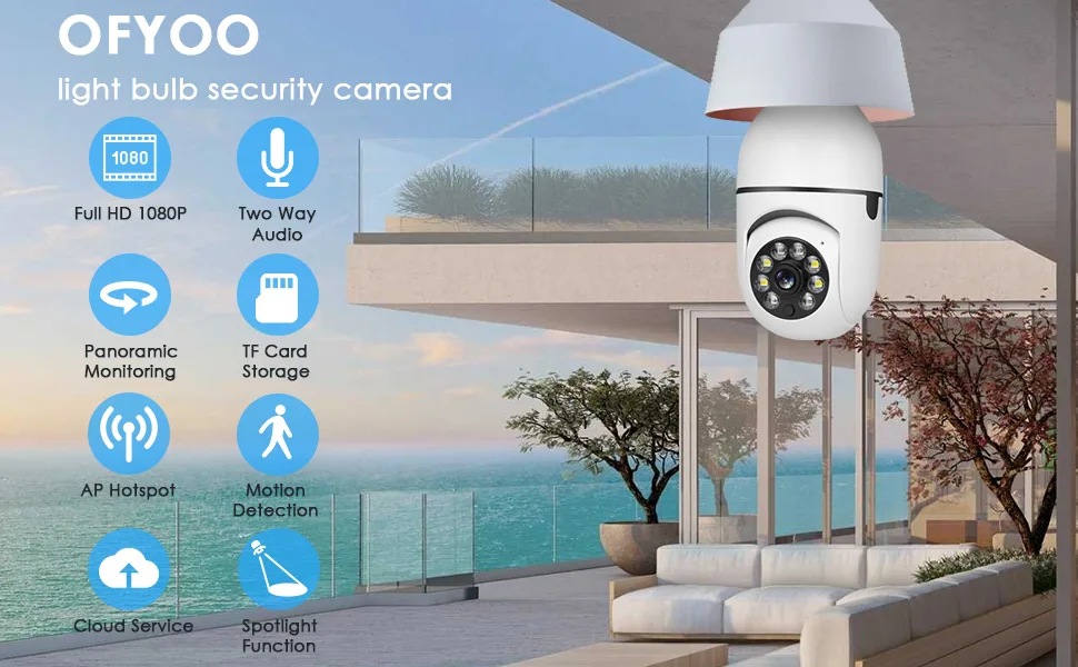 OFYOO Light Bulb Security Camera Wireless Outdoor Indoor 2.4G/5G WiFi Security Cameras for Home Security 360 Panoramic Motion Detection and Alarm Two-Way Audio Based E27 Light Bulb Socket 2 Cameras - Security Camera