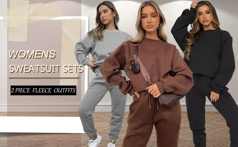 Women's 2 Piece Fleece Sweatsuit Outfits Long Sleeve Crewneck Pullover Sweatshirt Drawstring Jogger Pants Lounge Sets A#khaki Medium - long sleeve pullover sweatshirt jogger pants sets joggers for women 2 piece set winter outfits