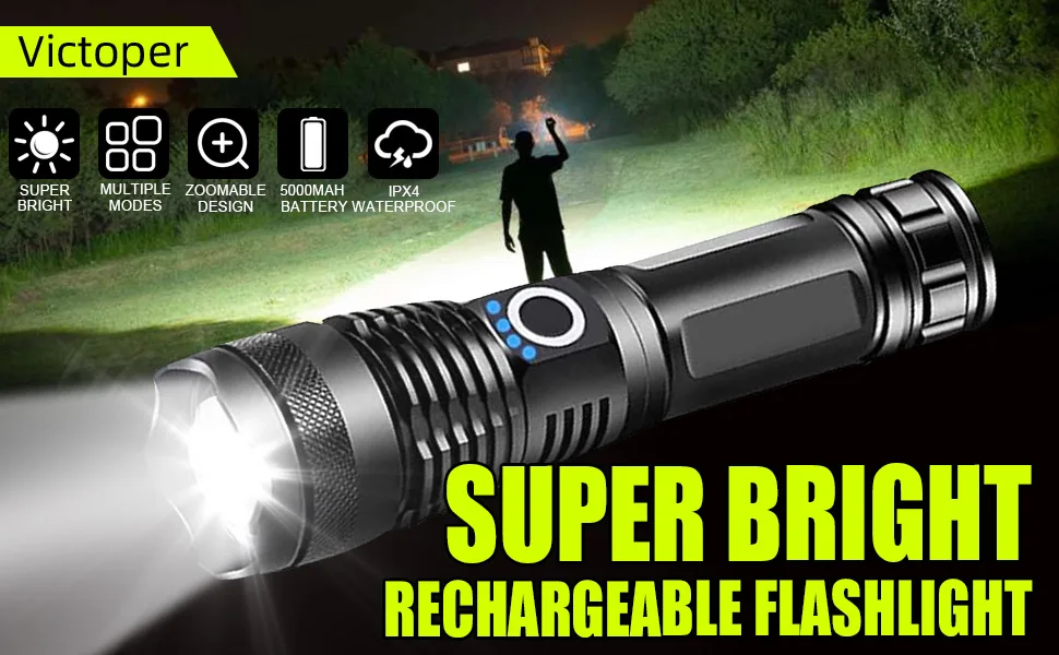Victoper LED Flashlights, High Powered 10000 Lumens Super Bright Tactical Flashlight, Rechargeable Flash Light, 5 Modes Zoomable Waterproof Flash Lights for Emergency, Outdoor, Home, Camping, Hiking - product information 1