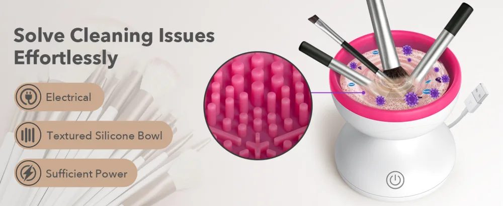 Alyfini Makeup Brush Cleaner Machine - Electric Makeup Brush Cleaner Tool for All Size Beauty Foundation Concealer Contour Eyeshadow Brush (Pink) - Solve cleaning issues effortlessly