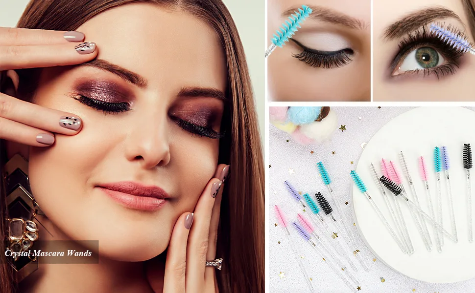 300PCS Disposable Mascara Wands Spoolie Brush Crystal Eyebrow Brushes Eyelash Extension Applicator Makeup Kits.myaokue-up (White-Light Purple) - Mascara wands