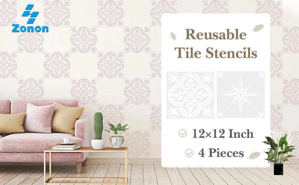 4 Pieces Reusable Tile Stencil 12 x 12 Inches Wall Templates Tile Pattern Stencil Drawing Templates for DIY Scrapbooks Wall Floor Home Decors (Mandala Style) - 164665