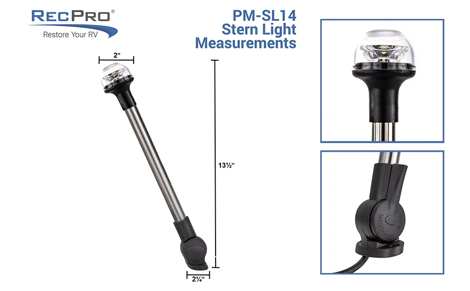 RecPro Folding Boat Stern LED Light | All Around LED Light | Pontoon Bimini LED Light - measurements