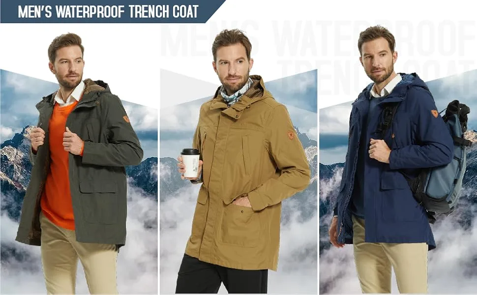 ALPHA CAMP Mens Breathable Waterproof Jacket with Hood Windbreaker All Weather Long Softshell Rain Jacket - product information 15