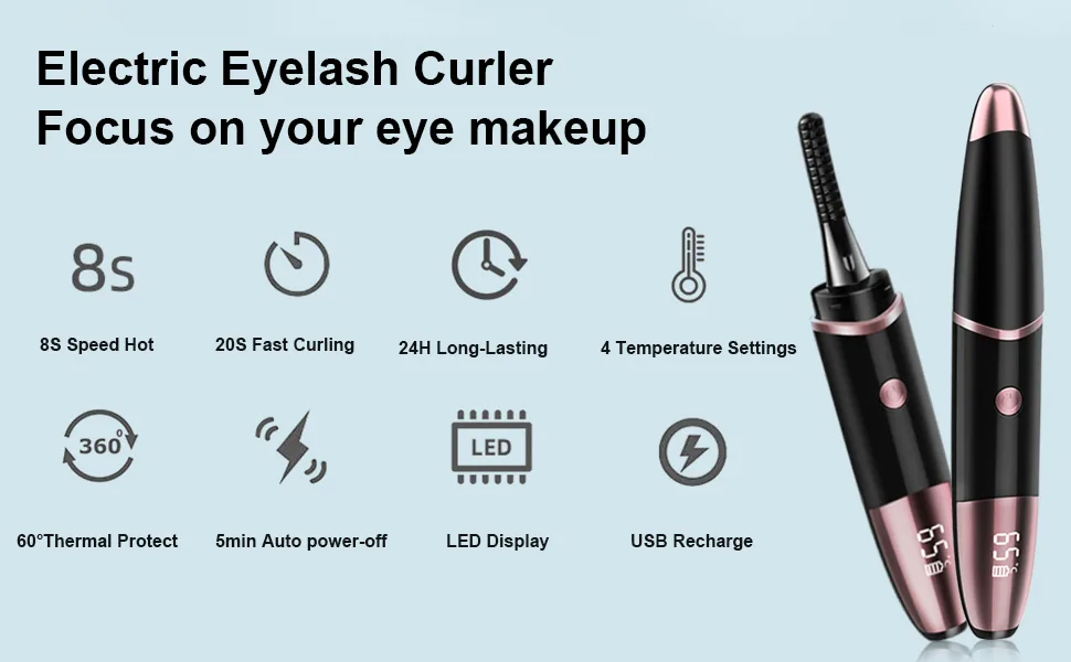 Heated Eyelash Curlers Heated Lash Curler with Comb Electric Eyelash Curler Heated LED Display 4 Temperature Settings for Women USB Rechargeable Quick Natural Curling 24 Hours Long Lasting Gifts Black - Electric eyelash curler