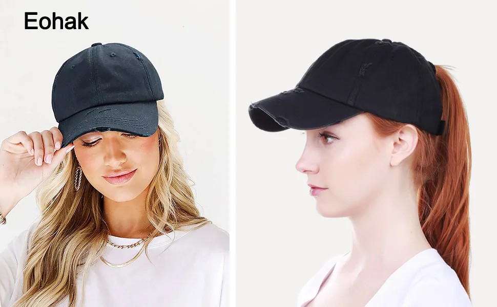 Eohak Ponytail Baseball Hat Distressed Retro Washed Womens Twill Black-1 Medium - EOHAK