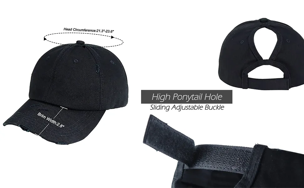 Eohak Ponytail Baseball Hat Distressed Retro Washed Womens Twill Black-1 Medium - product information 5