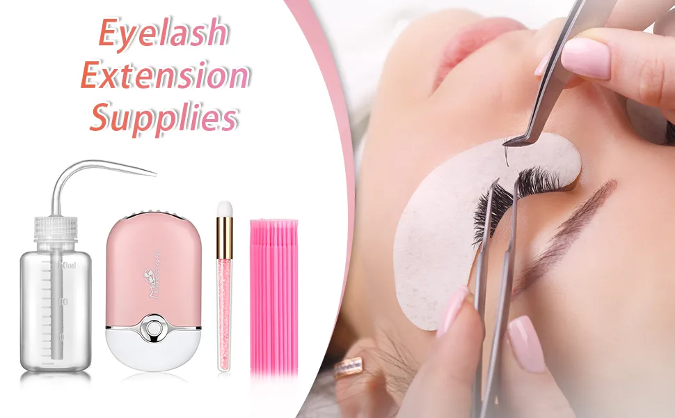 TEOYALL Eyelash Extensions Supplies Kit including Mini Air Conditioning Lash Fan Dryer, Lash Shampoo Brush, 150ml Wash Bottle, 100pcs Micro Brushes - eyelash extension supplies