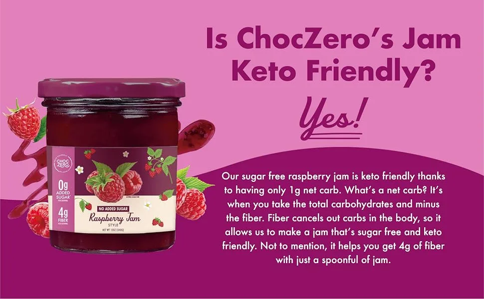 Sugar Free Raspberry Jam Preserves by ChocZero - Keto Jelly - Fruit Spread with No Added Sugar (1 Jar, 12oz) - Sugar Free Raspberry Jam
