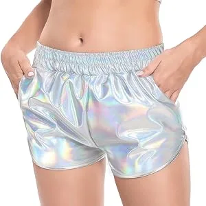 Fenyong Women's Metallic Shorts Shiny Pants with Elastic Waist Hot Rave Dance Pink Large - metallic shorts