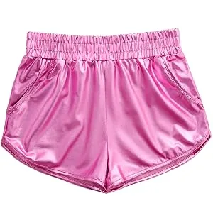 Fenyong Women's Metallic Shorts Shiny Pants with Elastic Waist Hot Rave Dance Pink Large - shiny shorts